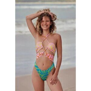 NWT Solid & Striped colourblock tropical print cut out one piece swimsuit, M